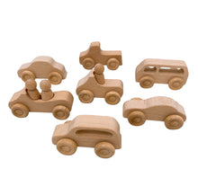 Load image into Gallery viewer, 7 Pcs Natural Wooden Cars Set with 3 pcs Peg Dolls