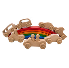 Load image into Gallery viewer, 7 Pcs Natural Wooden Cars Set with 3 pcs Peg Dolls
