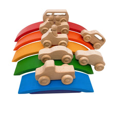 Load image into Gallery viewer, 7 Pcs Natural Wooden Cars Set with 3 pcs Peg Dolls