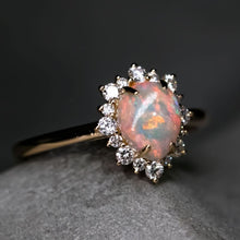 Load image into Gallery viewer, Snowflake Semi Black Opal &amp; Diamond Engagement Ring 18K Yellow Gold