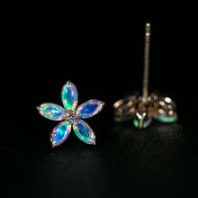 Load image into Gallery viewer, Opal Diamond Sakura Cherry Blossom Flower Stud Earrings 14K Yellow Gold
