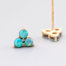 Load image into Gallery viewer, Minimalist Three Stone Australian Doublet Opal Stud Earrings 14K Yellow Gold