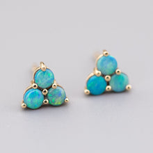 Load image into Gallery viewer, Minimalist Three Stone Australian Doublet Opal Stud Earrings 14K Yellow Gold