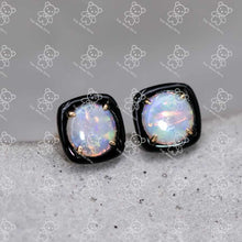 Load image into Gallery viewer, Black Agate Round Australian Solid Opal Stud Earrings 14K Yellow Gold