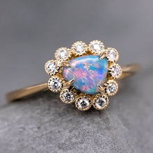 Load image into Gallery viewer, Beautiful Black Opal &amp; Halo Diamond Engagement Ring 18K Yellow Gold