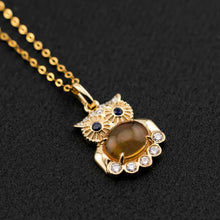 Load image into Gallery viewer, Owl Design Fire Opal, Diamond Sapphire Pendant 18K Yellow Gold