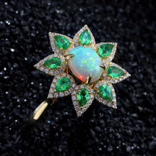 Load image into Gallery viewer, Flowers Design Semi-Black Opal Diamond Tsavorite Engagement Ring 18K Yellow Gold