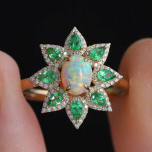 Load image into Gallery viewer, Flowers Design Semi-Black Opal Diamond Tsavorite Engagement Ring 18K Yellow Gold