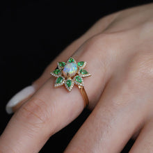 Load image into Gallery viewer, Flowers Design Semi-Black Opal Diamond Tsavorite Engagement Ring 18K Yellow Gold