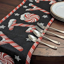 Load image into Gallery viewer, DaDa Bedding Peppermint Joy Red Black Holiday Tapestry Dining Table Runner (12904)