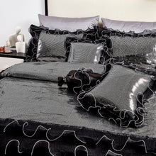 Load image into Gallery viewer, Tache Luxurious Glam Night Out Silver Sequin Black Organza Ruffle 6pc Comforter Set (1622)
