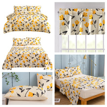 Load image into Gallery viewer, DaDa Bedding Yellow Fleur Golden Orange Botanical Ivory Duvet Cover &amp; Fitted Flat Bed Sheets Set w/ Pillow Cases Window Valances (18112)