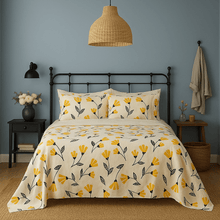 Load image into Gallery viewer, DaDa Bedding Yellow Fleur Golden Orange Floral Ivory Fitted &amp; Flat Bed Sheets Set (18112)