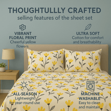 Load image into Gallery viewer, DaDa Bedding Yellow Fleur Golden Orange Floral Ivory Fitted &amp; Flat Bed Sheets Set (18112)