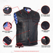 Load image into Gallery viewer, Mens's Leather Motorcycle Vest with Scoop Collar &amp; USA Flag