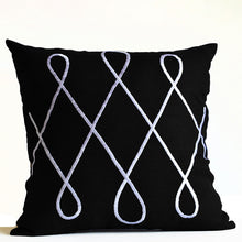 Load image into Gallery viewer, Hand Embroidered Midnight Black Linen White Loop Pillow Cover