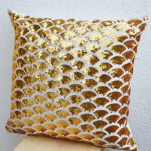 Load image into Gallery viewer, Gold Sequin Pillows With Embroidered Waves Scales Scallops Sashiko Cushion Accent Toss Pillow
