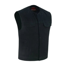 Load image into Gallery viewer, Mens Black Denim Motorcycle Vest with Concealed Snaps &amp; Zipper