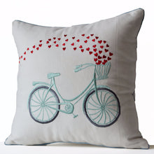 Load image into Gallery viewer, Decorative Throw Pillow Cover Heart Bicycle Embroidered Cotton Cushion Engagement Wedding Anniversary Birthday Gift Back to School