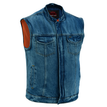 Load image into Gallery viewer, Men's Blue Denim Motorcycle Vest with Lace &amp; Pockets