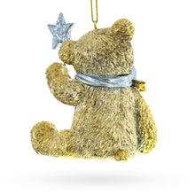 Load image into Gallery viewer, Gold Teddy Bear with a Sparkling Red Bow -Resin Christmas Ornament