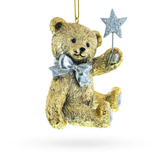 Load image into Gallery viewer, Gold Teddy Bear with a Sparkling Red Bow -Resin Christmas Ornament