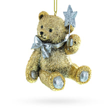 Load image into Gallery viewer, Gold Teddy Bear with a Sparkling Red Bow -Resin Christmas Ornament
