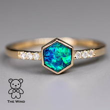 Load image into Gallery viewer, Geometric Design Hexagon Australian Doublet Opal &amp; Diamond Ring 14K Yellow Gold