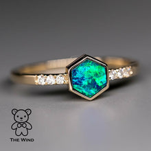 Load image into Gallery viewer, Geometric Design Hexagon Australian Doublet Opal &amp; Diamond Ring 14K Yellow Gold