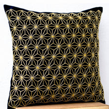 Load image into Gallery viewer, Gold Hemp Leaf Embroidery Sashiko Pillow Case On Black Faux Silk Designer Cushion