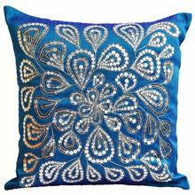 Load image into Gallery viewer, Blue Throw Pillows With Silver Sequins Dazzling Flower Floral Pillow cover