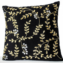 Load image into Gallery viewer, Black Silk Gold Leaves Pillows Cover