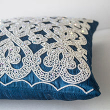 Load image into Gallery viewer, Decorative Throw Pillow In Blue Silk White Sequin Embroidery Accent Pillow Gift