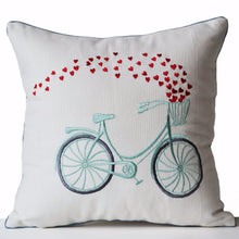 Load image into Gallery viewer, Decorative Throw Pillow Cover Heart Bicycle Embroidered Cotton Cushion Engagement Wedding Anniversary Birthday Gift Back to School