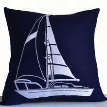 Load image into Gallery viewer, Decorative Pillow Nautical Vibe Yacht Motif  In Navy Blue Linen