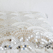 Load image into Gallery viewer, Exquisitely Embroidered Ivory Throw Pillow Cover with Silver Sashiko Pattern