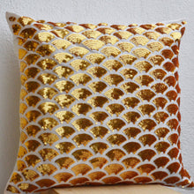 Load image into Gallery viewer, Gold Sequin Pillows With Embroidered Waves Scales Scallops Sashiko Cushion Accent Toss Pillow