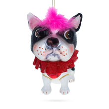 Load image into Gallery viewer, Boston Terrier with Pink Feather Glass Christmas Ornament