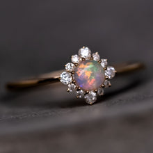 Load image into Gallery viewer, Petite Opal Diamond Halo Engagement Ring 18K Yellow Gold