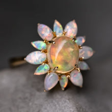 Load image into Gallery viewer, Unique Halo Design Mexican Fire Opal &amp; Australian Opal Engagement Ring 18K Yellow Gold