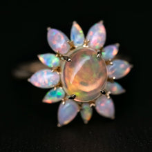 Load image into Gallery viewer, Unique Halo Design Mexican Fire Opal &amp; Australian Opal Engagement Ring 18K Yellow Gold