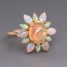 Load image into Gallery viewer, Unique Halo Design Mexican Fire Opal &amp; Australian Opal Engagement Ring 18K Yellow Gold