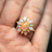 Load image into Gallery viewer, Unique Halo Design Mexican Fire Opal &amp; Australian Opal Engagement Ring 18K Yellow Gold