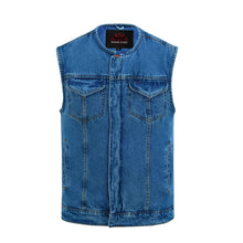 Load image into Gallery viewer, Mens Blue Denim Motorcycle Vest with Concealed Snaps &amp; Zipper