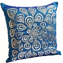 Load image into Gallery viewer, Blue Throw Pillows With Silver Sequins Dazzling Flower Floral Pillow cover