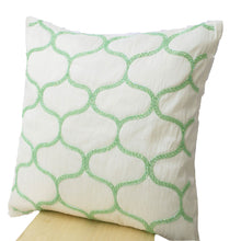 Load image into Gallery viewer, Decorative Pillow In Soft Pastel Green Geometric Pillows Ivory Silk Sashiko Pattern
