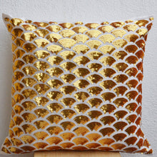Load image into Gallery viewer, Gold Sequin Pillows With Embroidered Waves Scales Scallops Sashiko Cushion Accent Toss Pillow