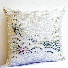 Load image into Gallery viewer, Exquisitely Embroidered Ivory Throw Pillow Cover with Silver Sashiko Pattern