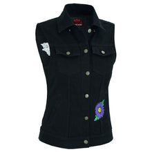 Load image into Gallery viewer, Women's Black Denim Snap Front Vest with Purple Daisy