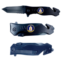 Load image into Gallery viewer, CIA Central Intelligence Agency 3-in-1 Tactical Rescue knife tool with Seatbelt Cutter, Steel Serrated Blade, Glass